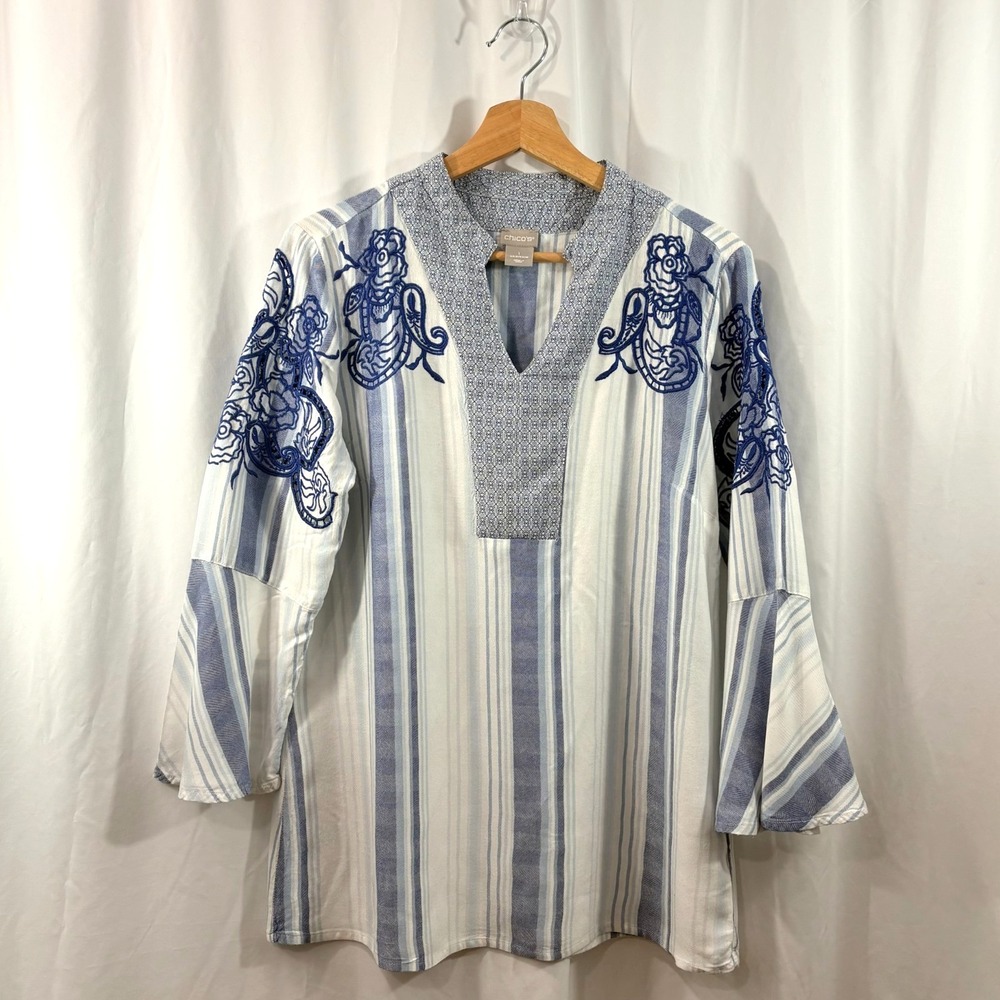 Chico's Blue & White Striped Embroidered Boho Bell Sleeve Tunic Top Rayon-Size 1